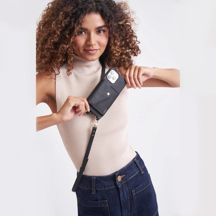 Zoë Black Leather Phone Case & Crossbody Strap
