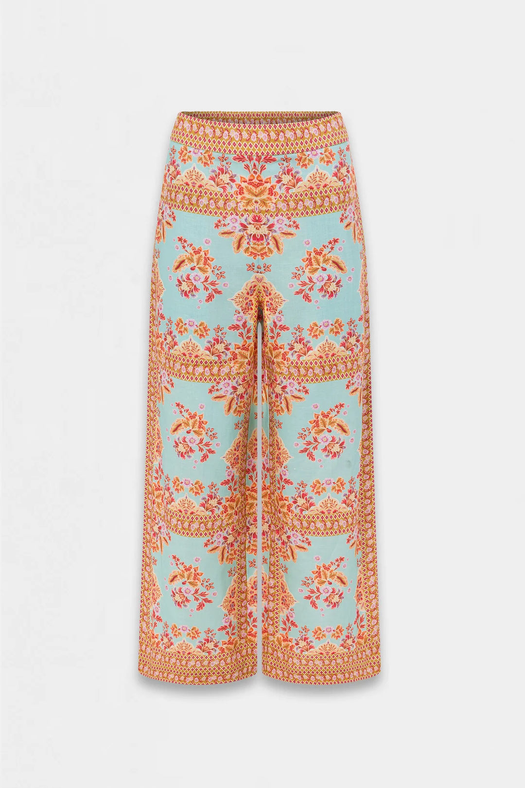 A pair of wide-leg cropped pants featuring a light blue base with a vibrant orange and pink floral pattern, displayed against a clean white background.