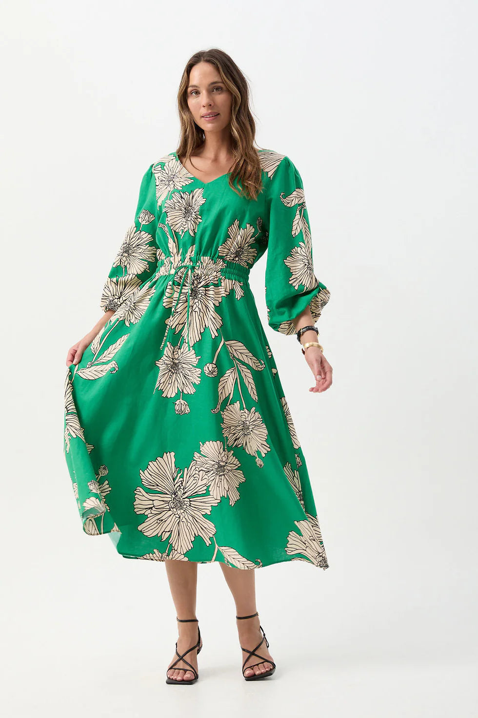 Cloth Paper Scissors Linen Cotton V Neck Dress Zinnia Print