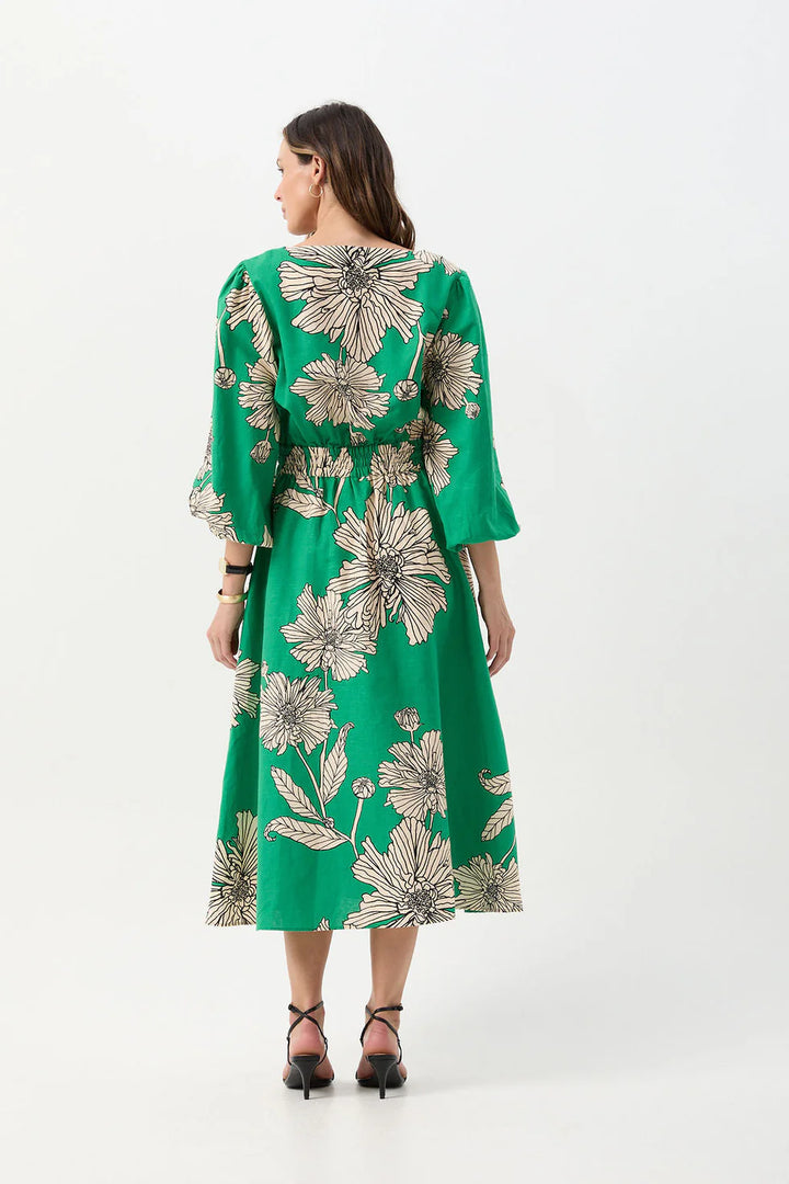 Cloth Paper Scissors Linen Cotton V Neck Dress Zinnia Print