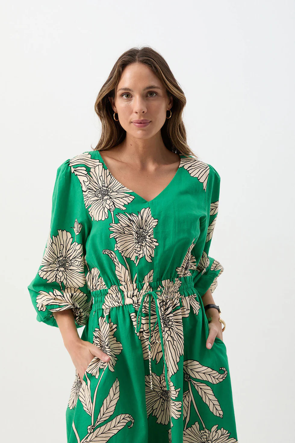 Cloth Paper Scissors Linen Cotton V Neck Dress Zinnia Print