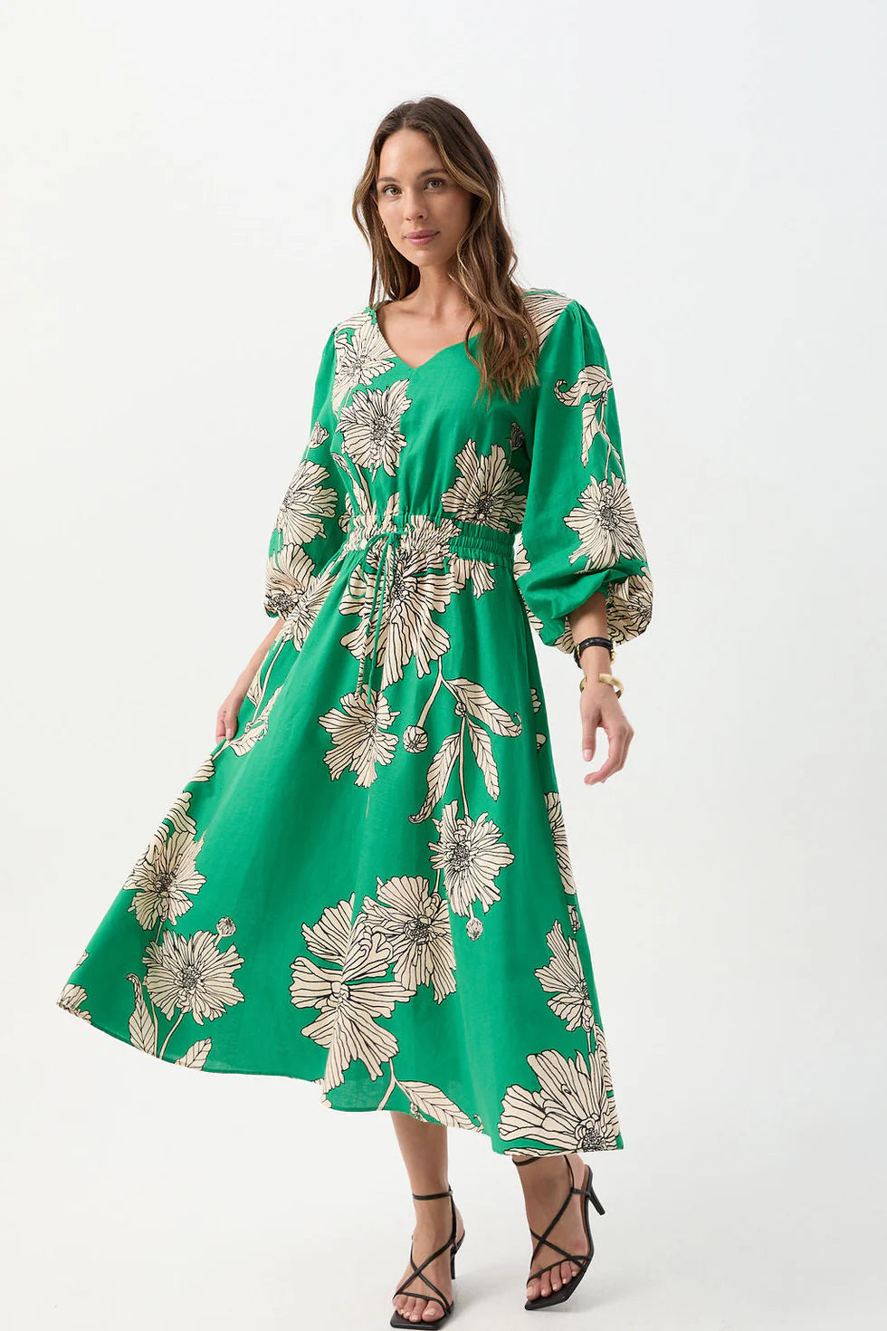 Cloth Paper Scissors Linen Cotton V Neck Dress Zinnia Print